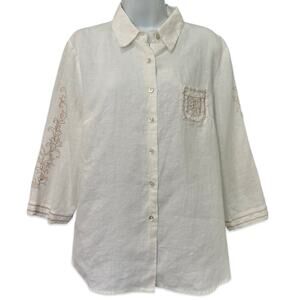 Vintage White Irish Linen Beaded Long Sleeve Button Up Blouse XL Richard Malcolm